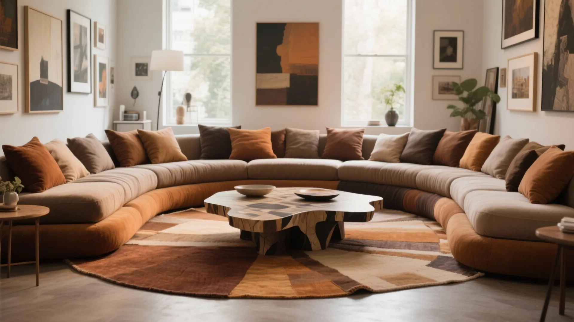 Tiered cushions and rugs forming a cozy conversation pit