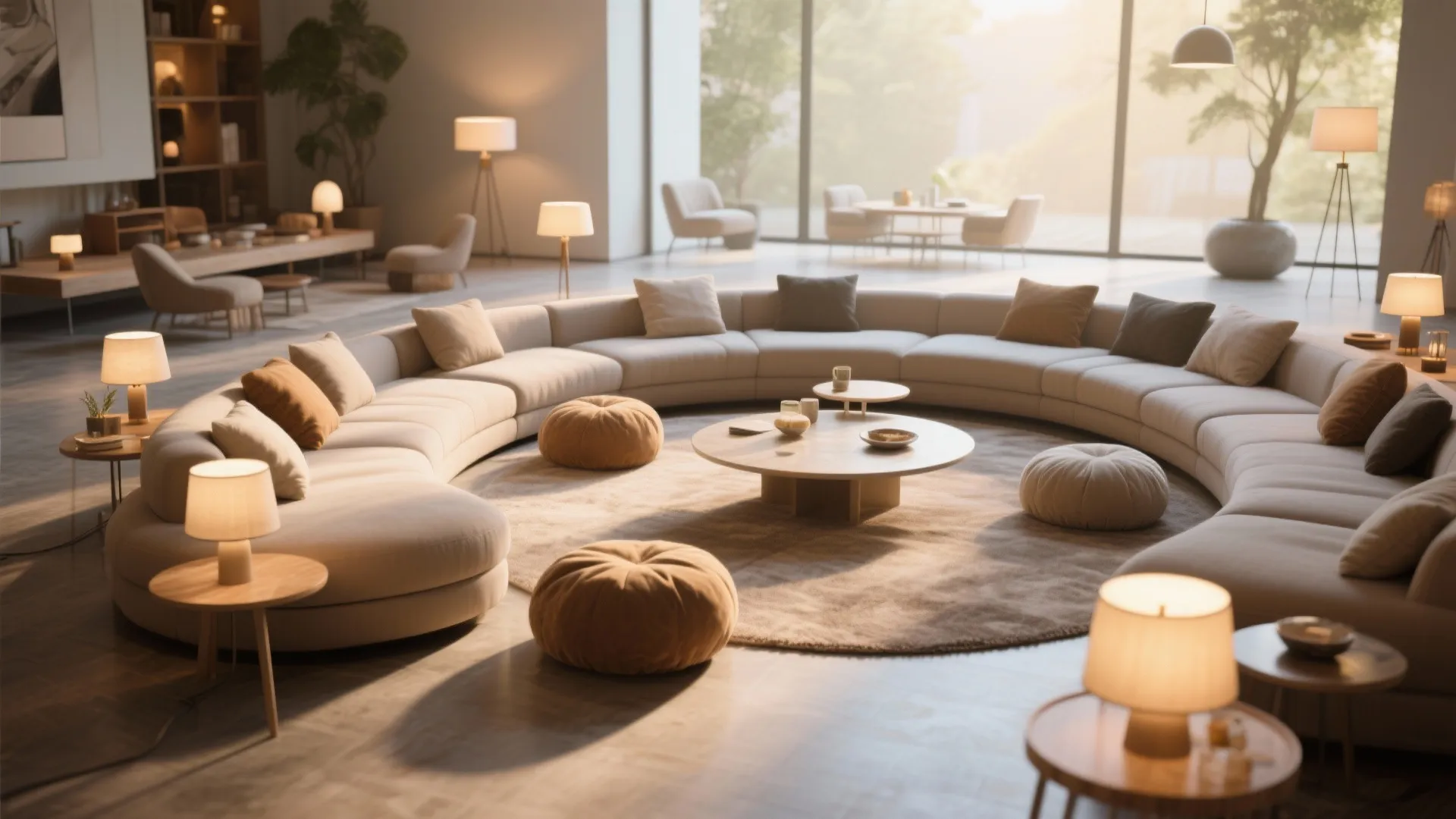 Large circular sofa in modern living room with footrests round table floor lamps and outdoor view