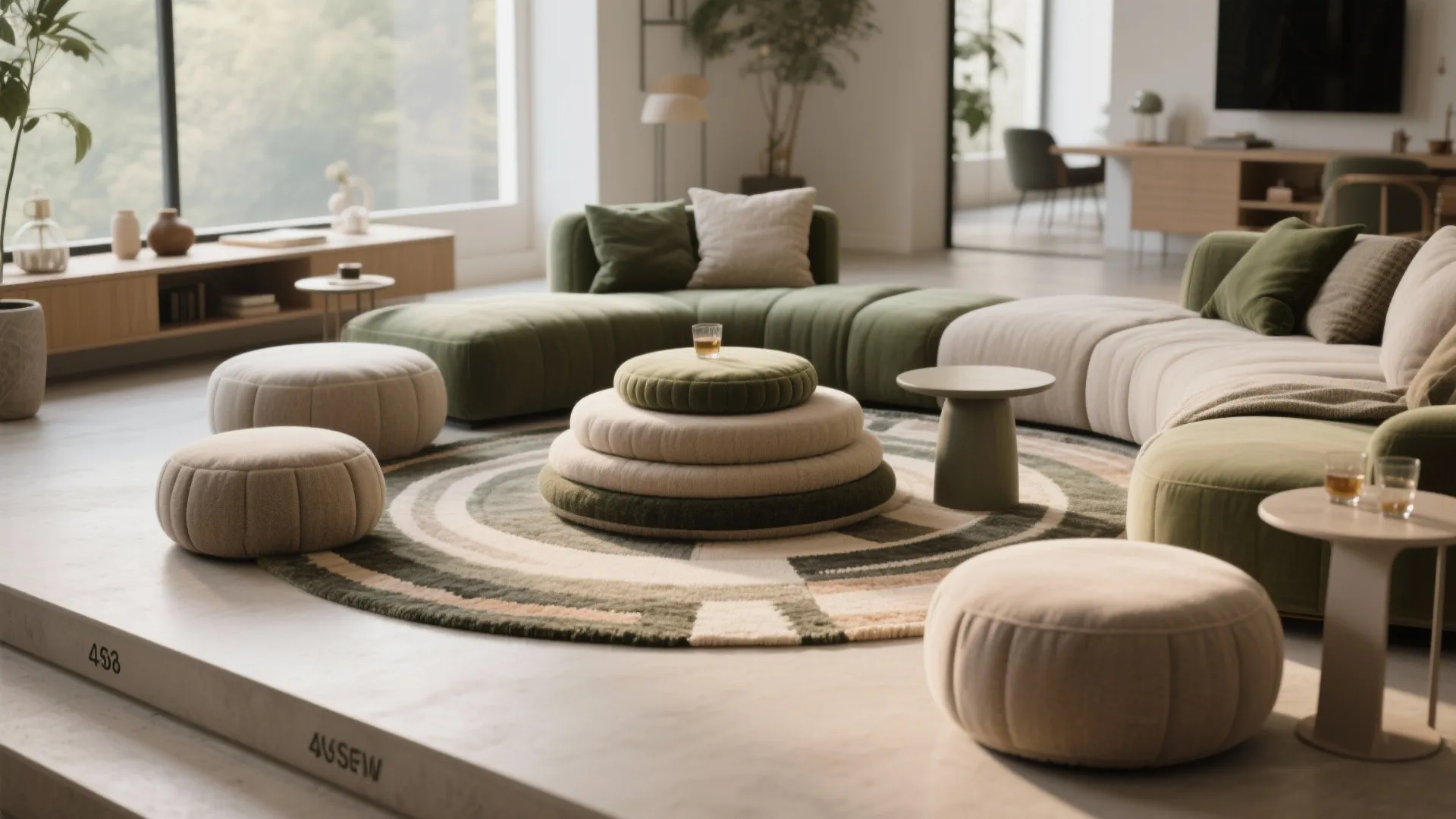 5) Conversation Pit-Inspired Zone (Rugs + Tiered Poufs)