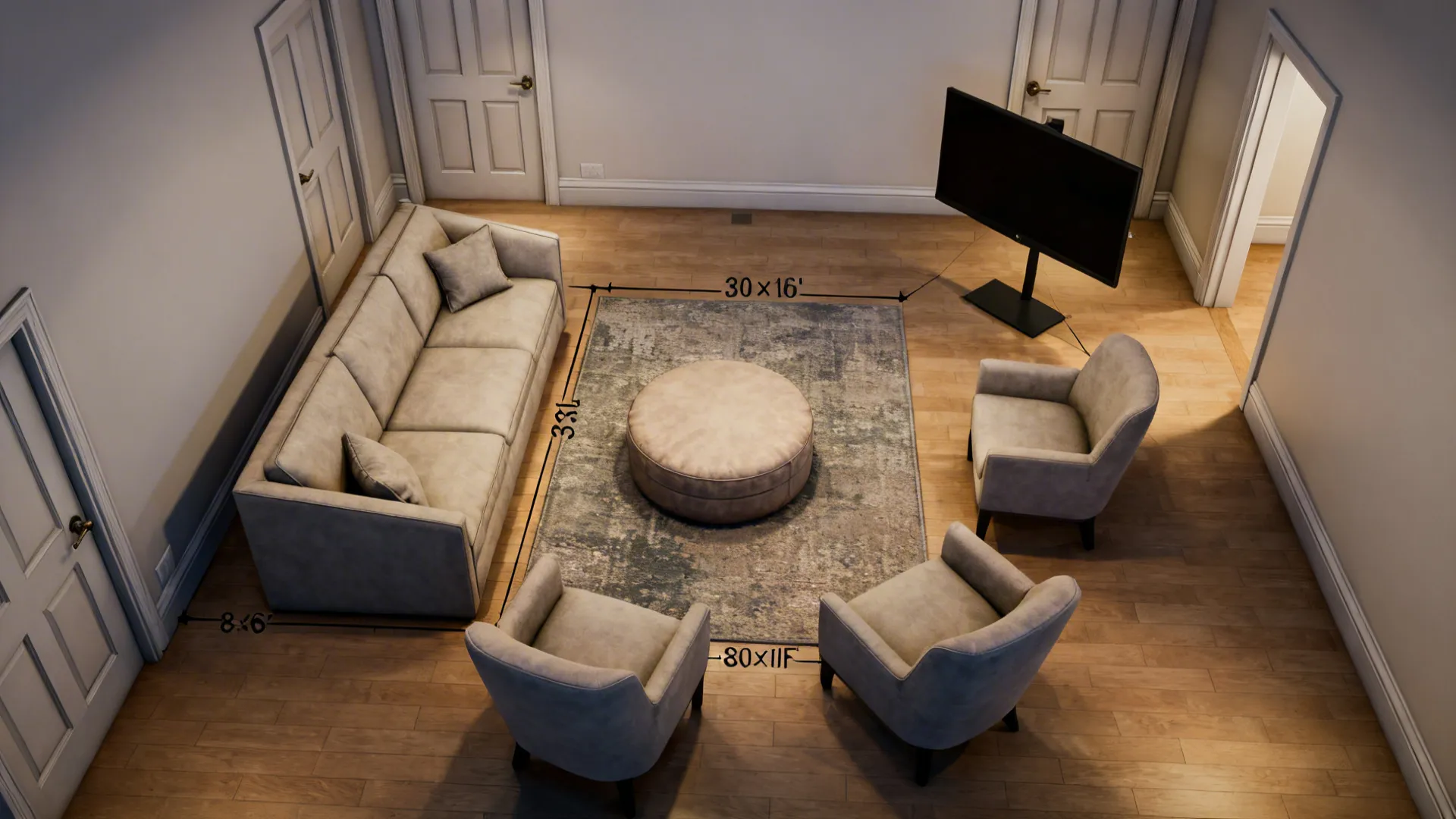 Top-down layout showing angled seating, round ottoman, rug placement, and clear circulation paths.