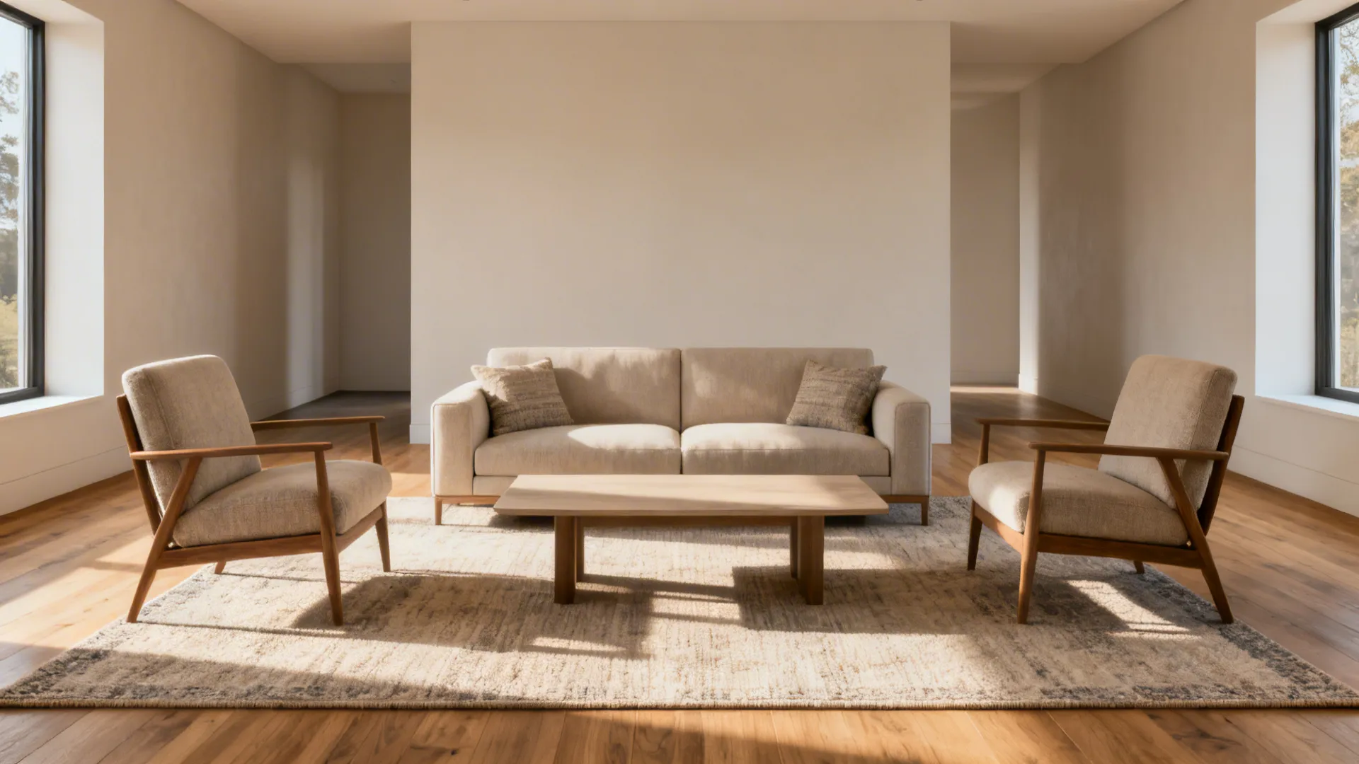 Minimalist living room featuring beige sofa two wooden chairs coffee table large rug and sunlight