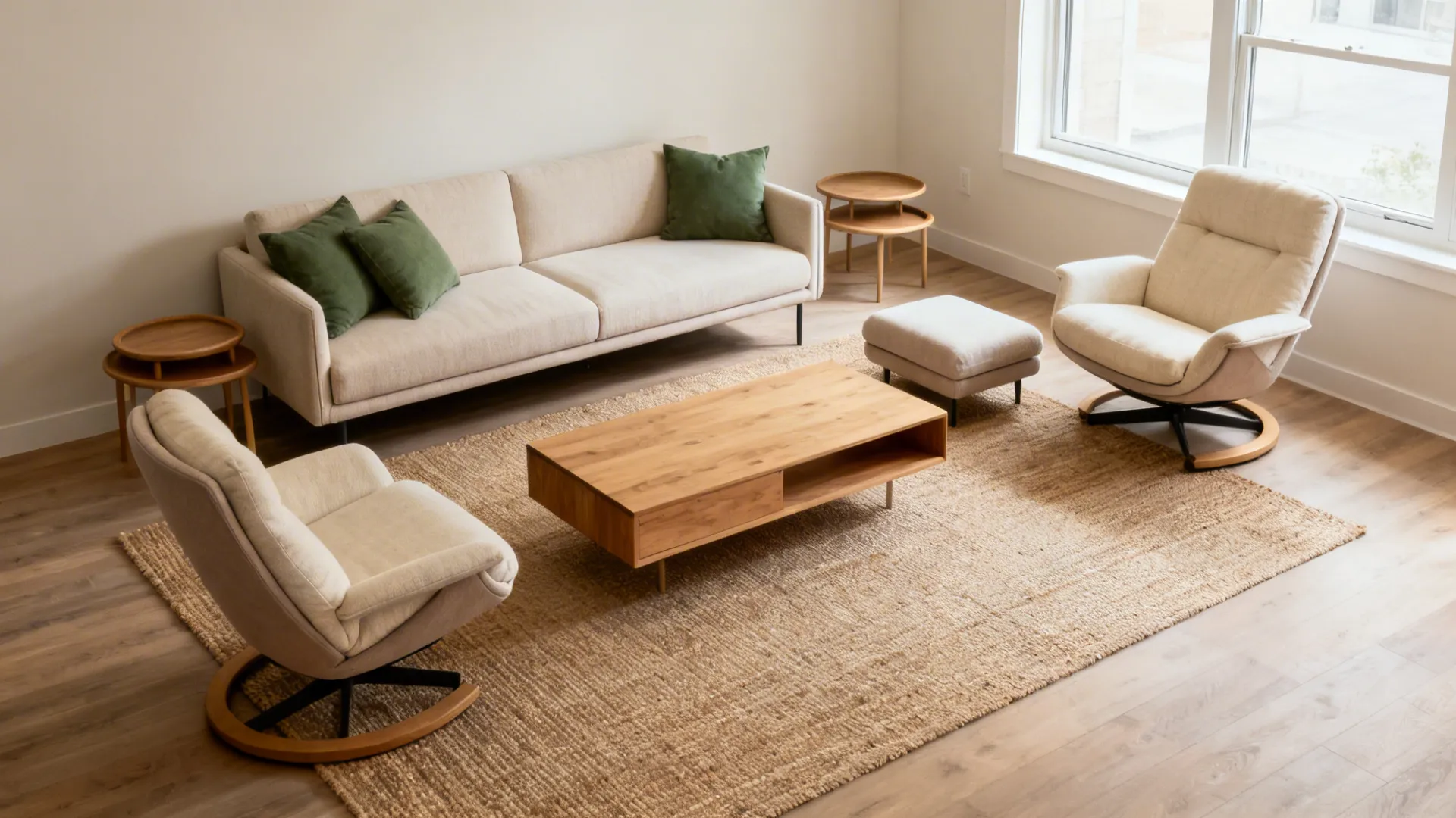 Small living room without a TV featuring a U-shaped seating arrangement and nesting tables.