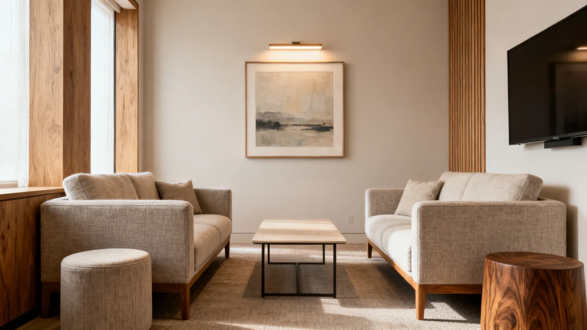 Two small sofas face each other with a slim table, creating a formal conversation zone in a compact room.