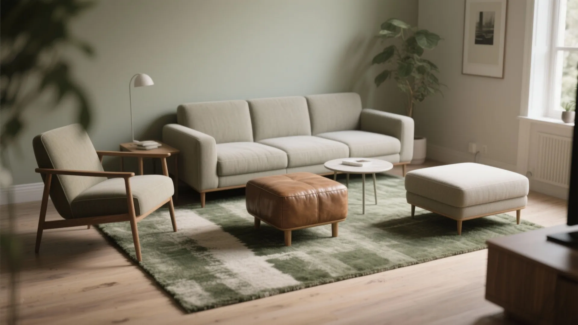 Modern living room with green sofa two chairs brown footrest and round table on green rug