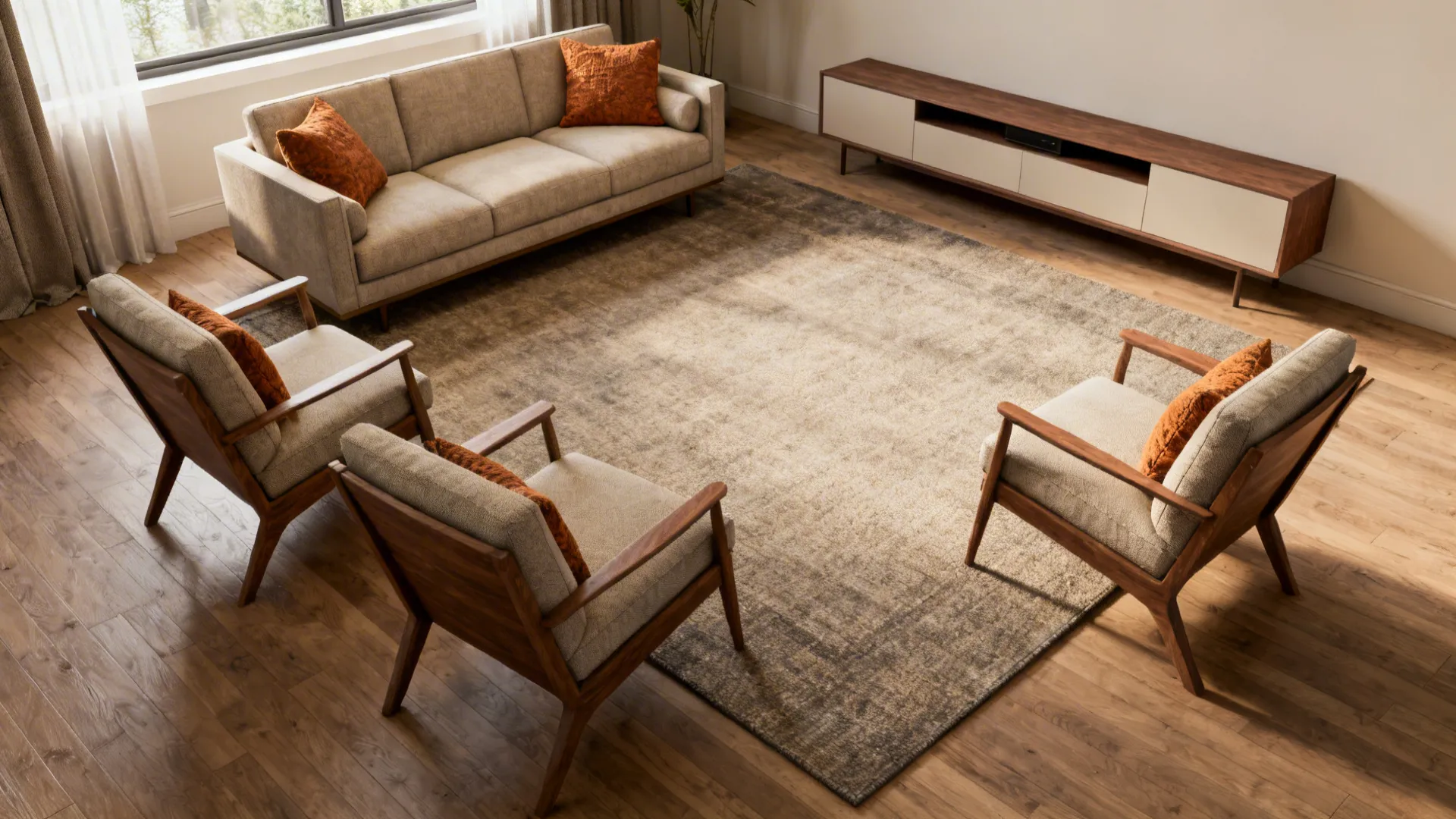 Small living room with a sofa and two chairs arranged in a triangle on a single rug to encourage conversation.