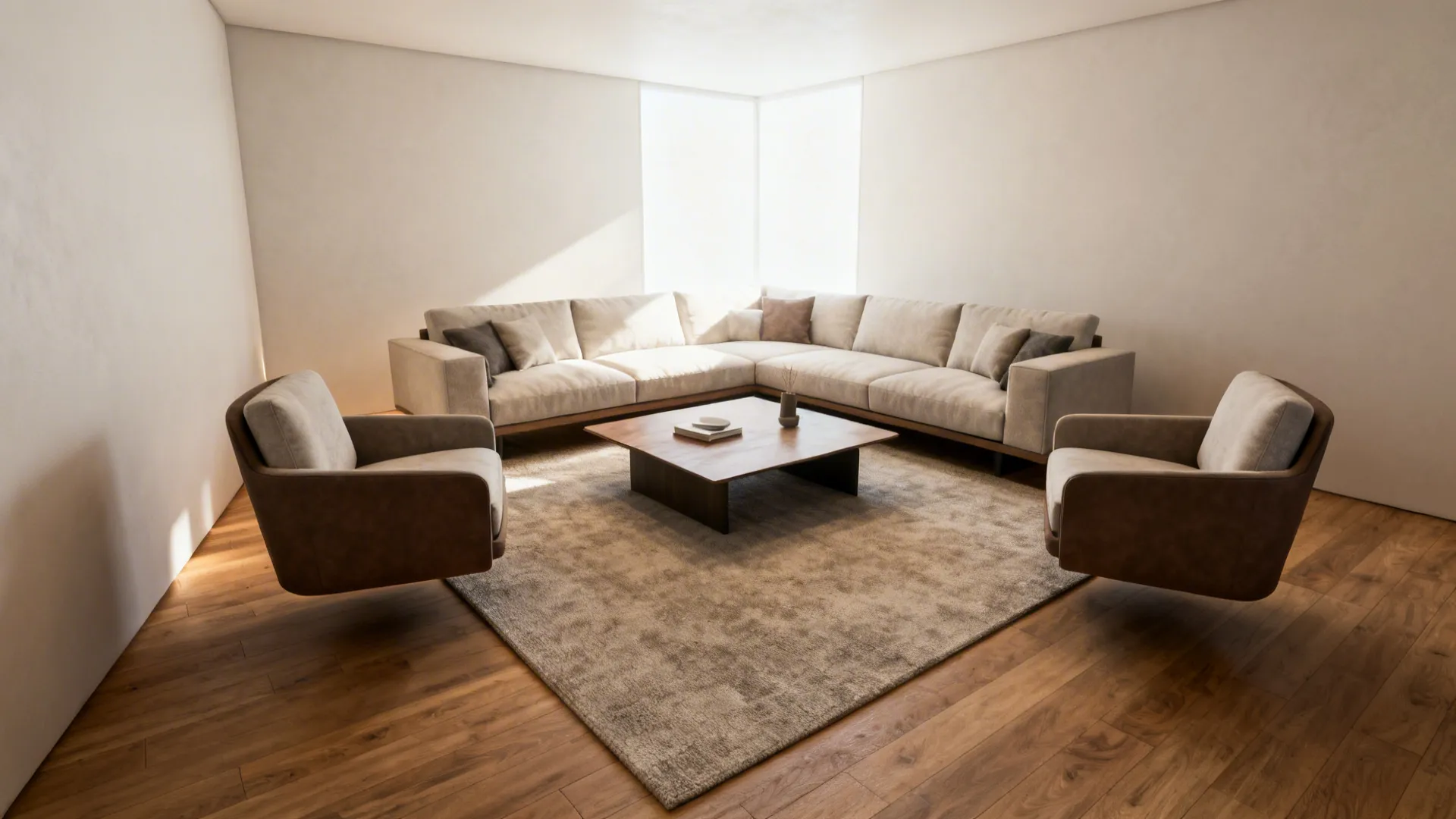 Living room conversation triangle with sofa, two chairs, and coffee table on a rug