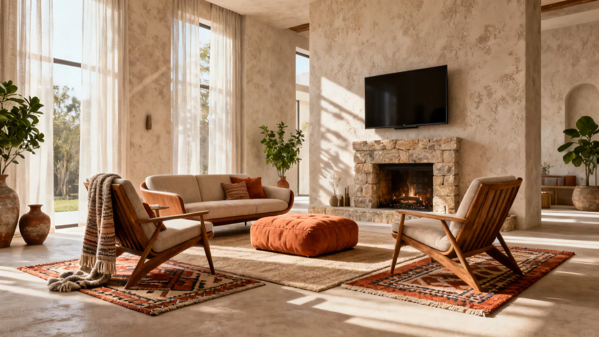 Seating arranged in a conversation triangle allowing views to both fireplace and TV.