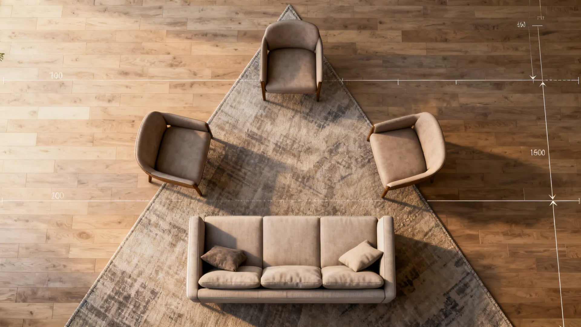 Top-down render of a living room showing conversation triangles and circulation around a couch and two chairs.