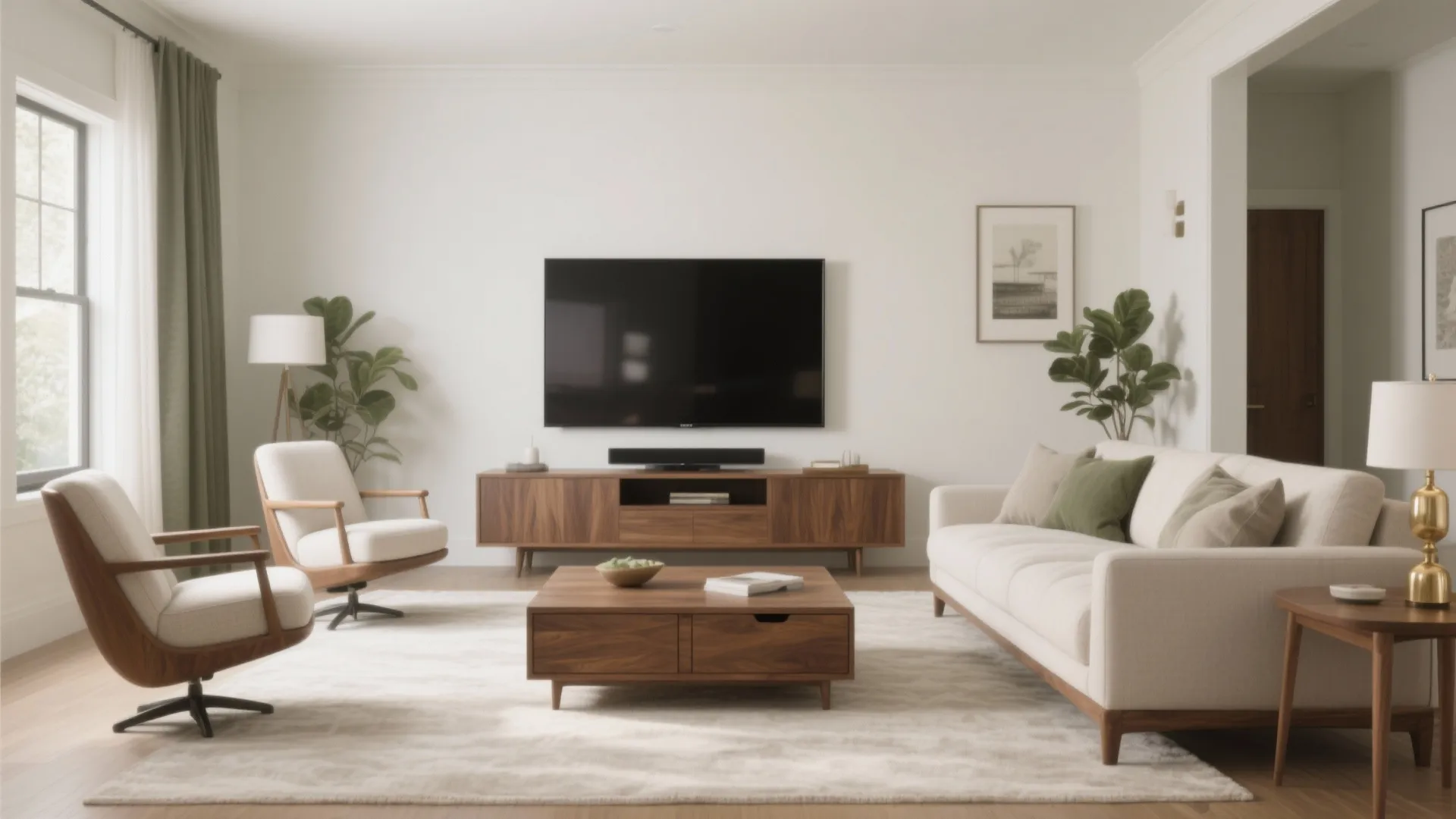 Bright living room with television on wooden cabinet, white sofa, two chairs, and green plants
