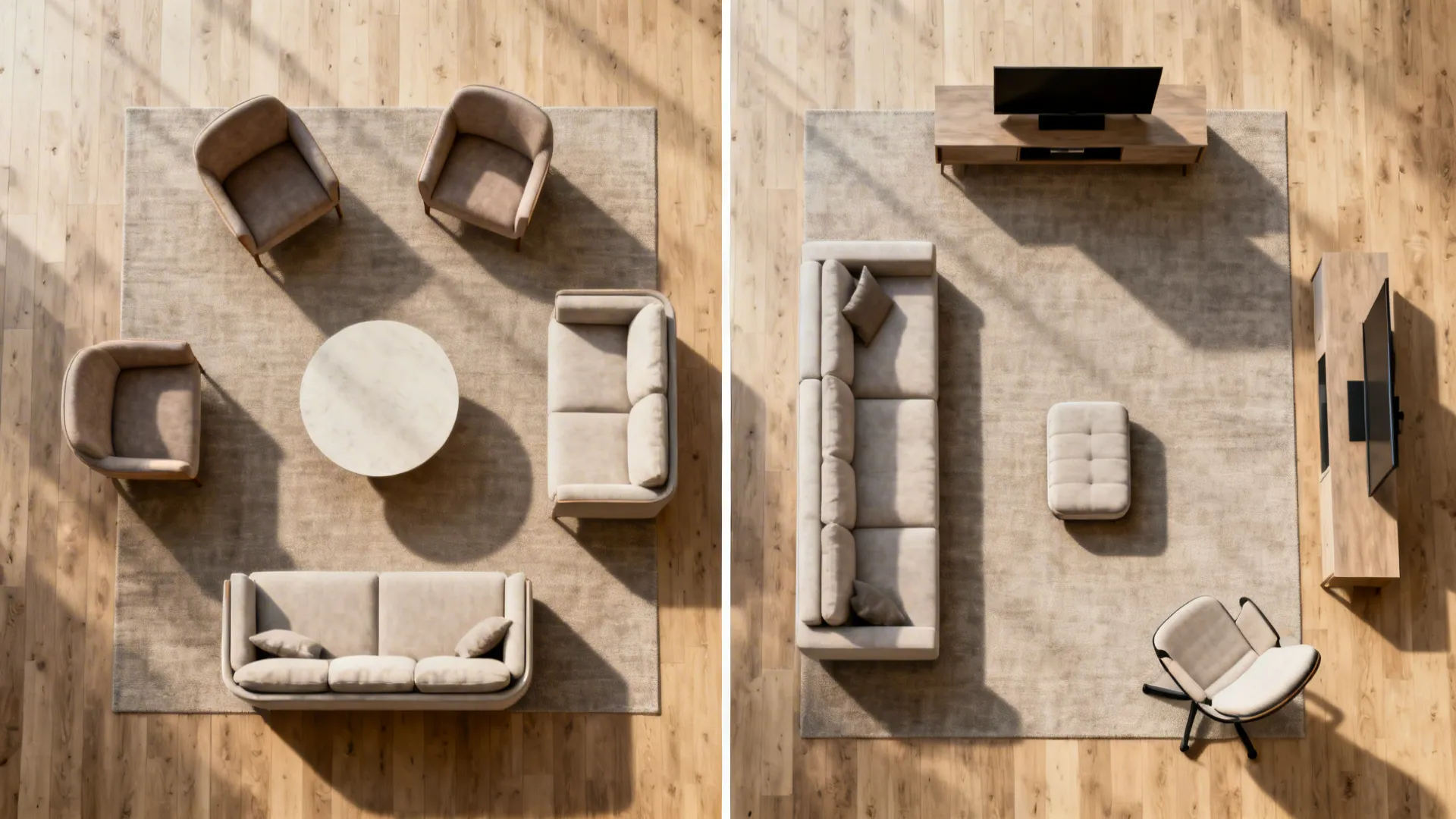 Top-down comparison of a conversational drawing room layout and a lounge-oriented sitting room layout.