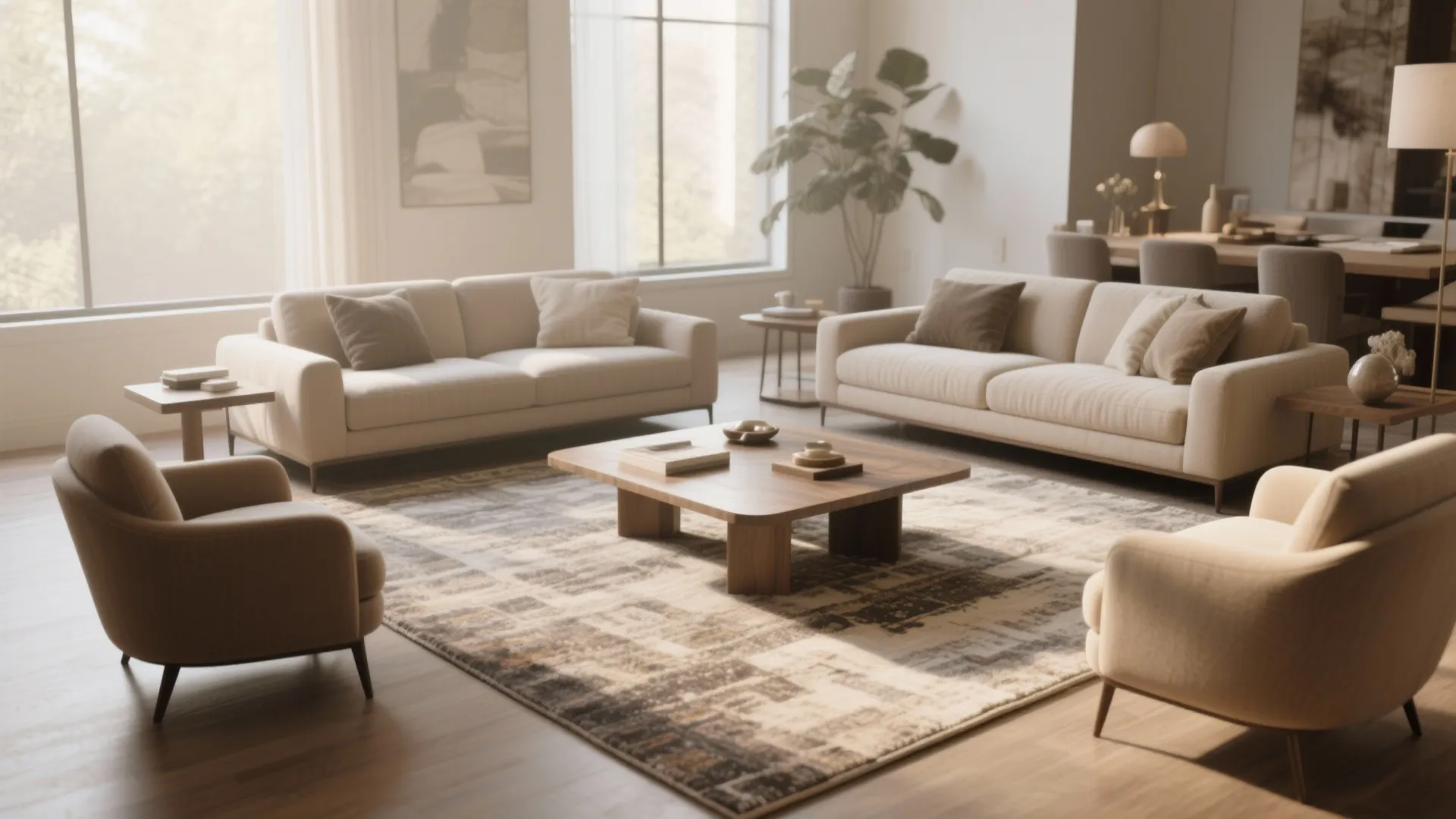 Modern warm living room with beige sofas arranged around a wooden table for social interaction