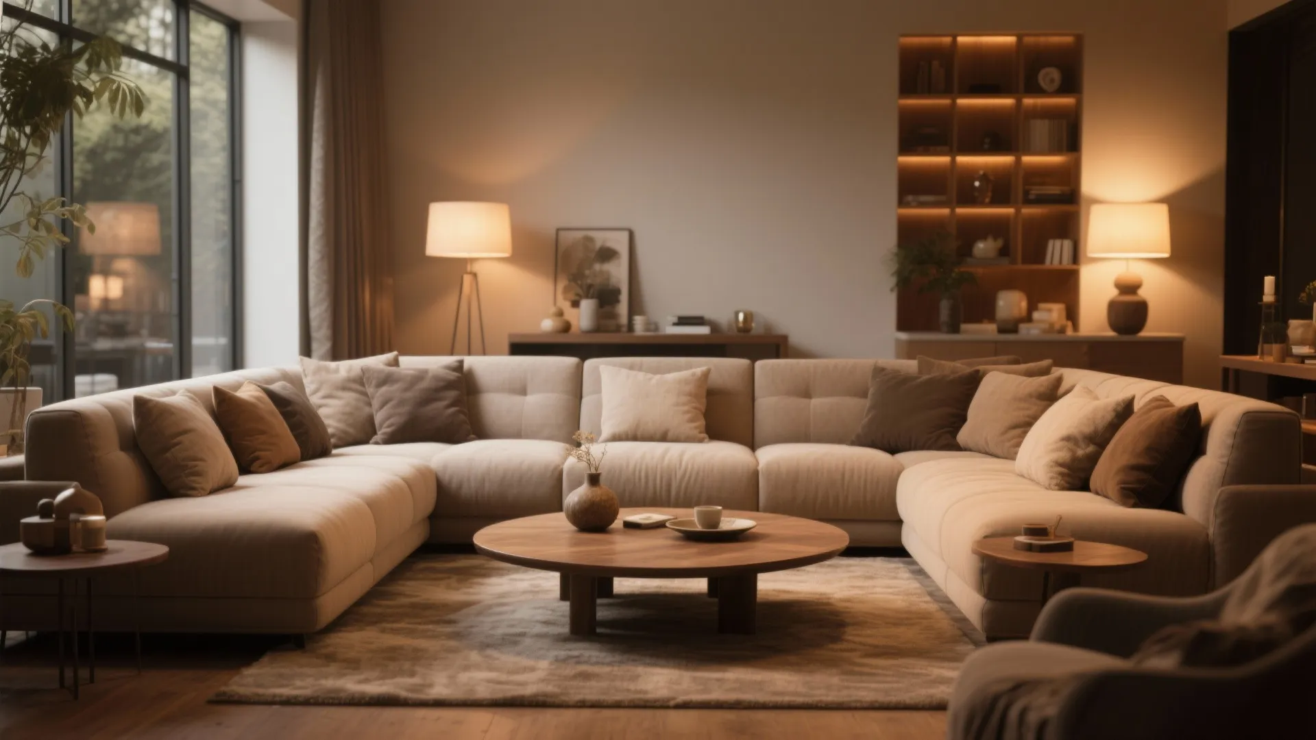 Large beige modular sofa surrounding a round wooden coffee table in a cozy warm space