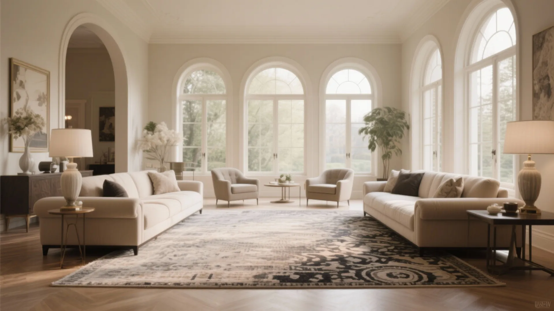 Bright elegant living room with white sofas large pattern rug arched windows and two grey armchairs