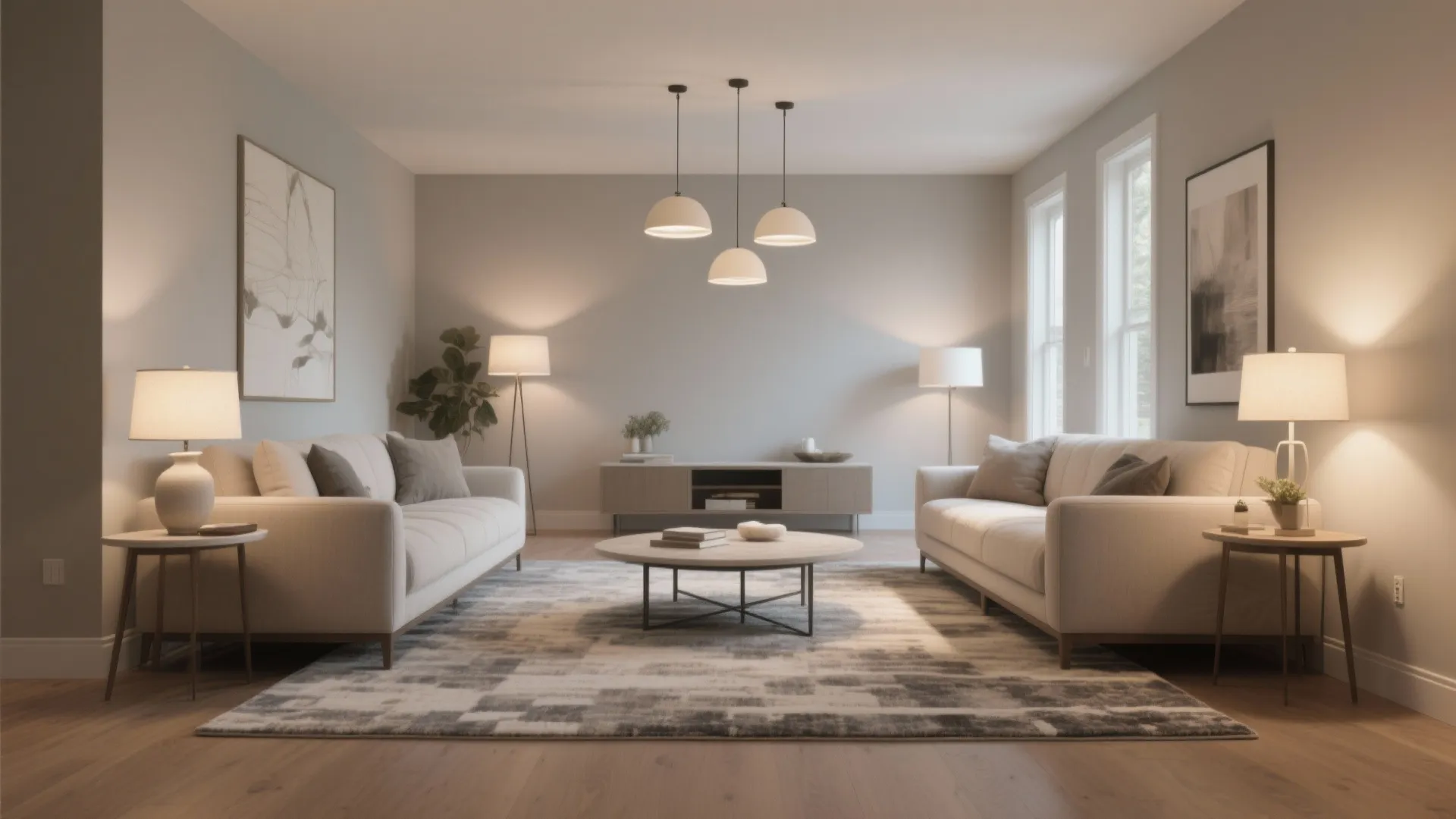 Modern living room with two white sofas around a round table and three ceiling lights