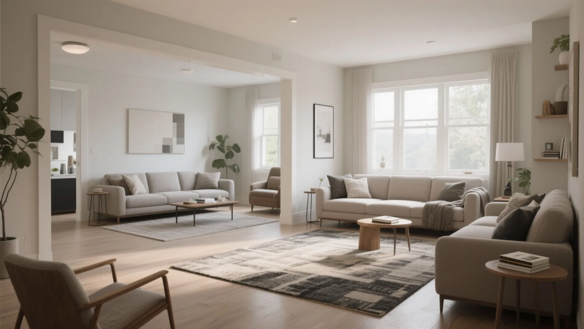 Spacious modern living room with three grey sofas wooden floors and large windows for natural light