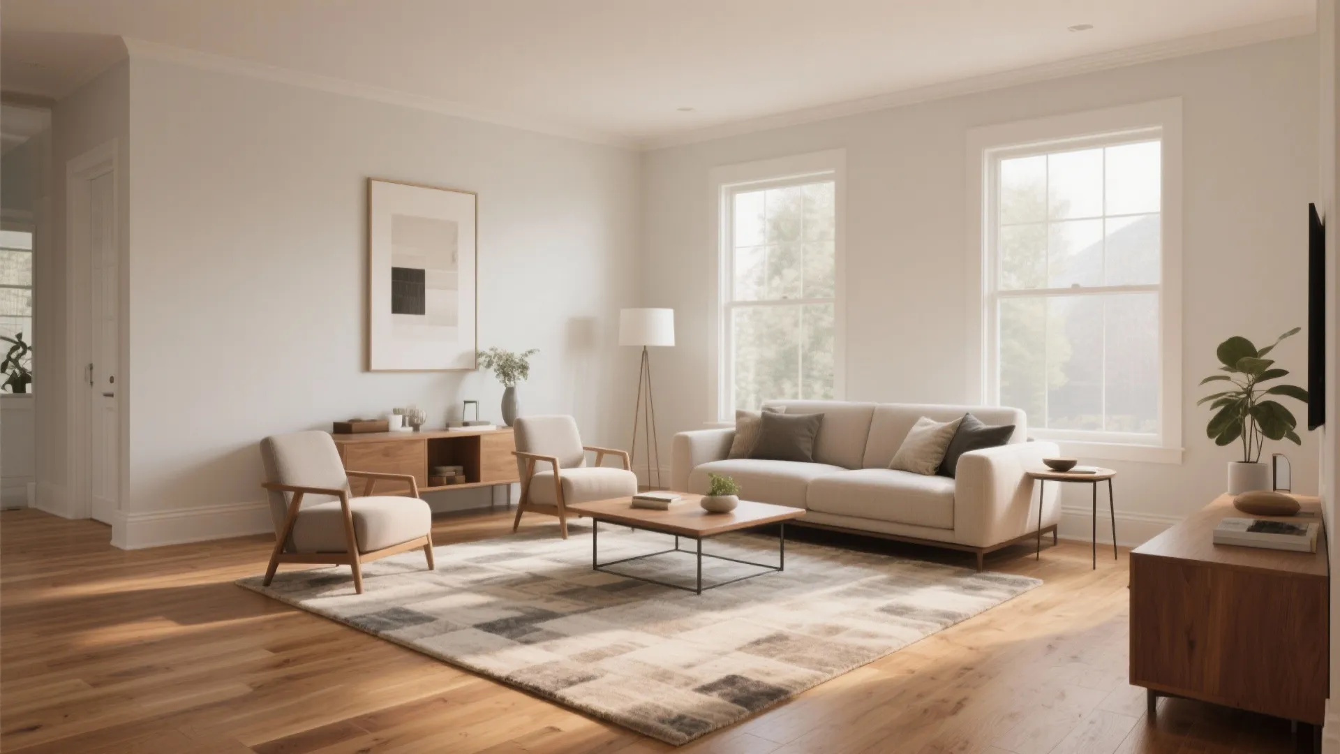 Modern bright living room with cream sofa two armchairs wooden coffee table and large floor windows