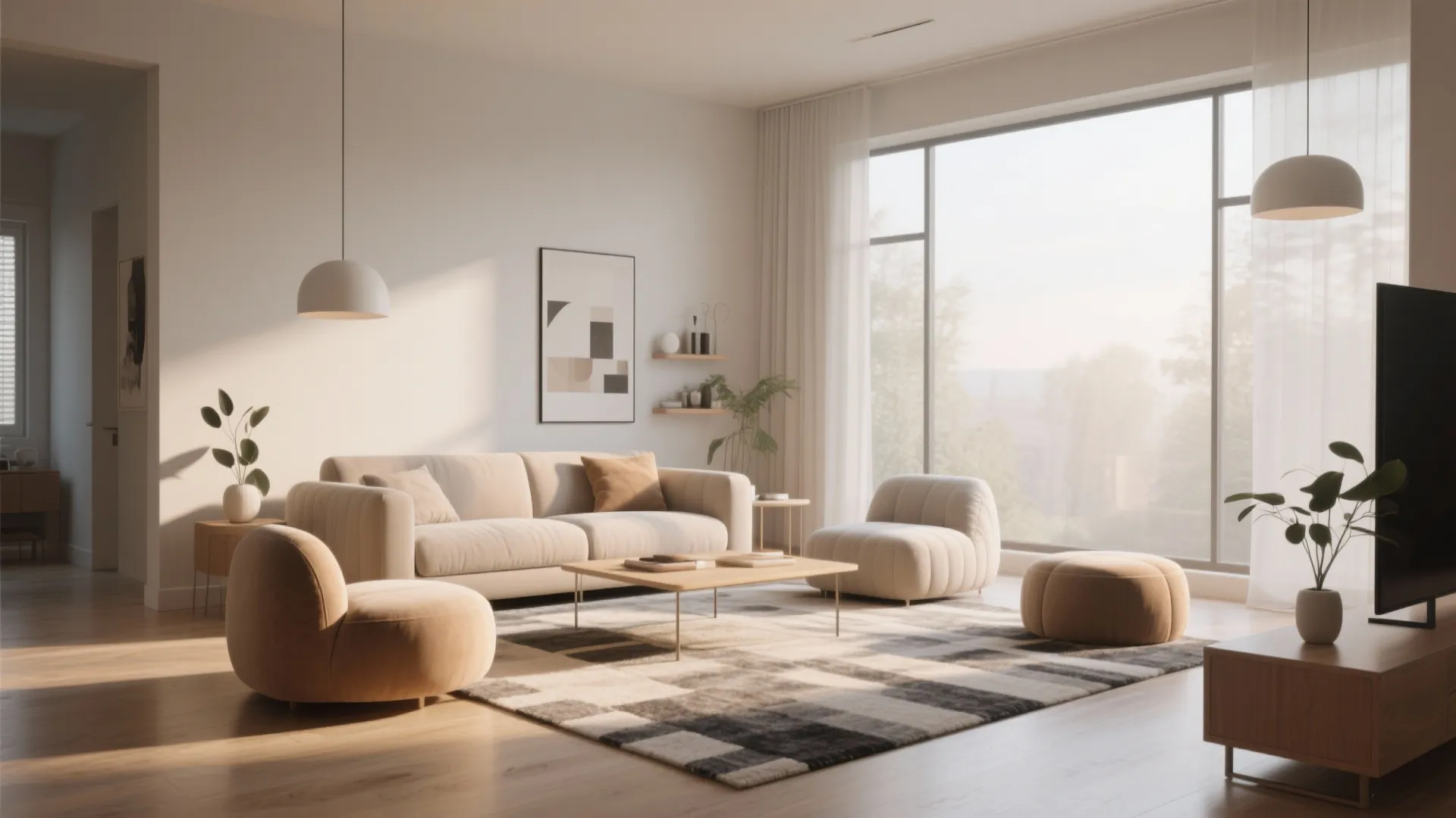 Modern living room with cream sofa, round chairs, wooden coffee table, checkered rug and large windows