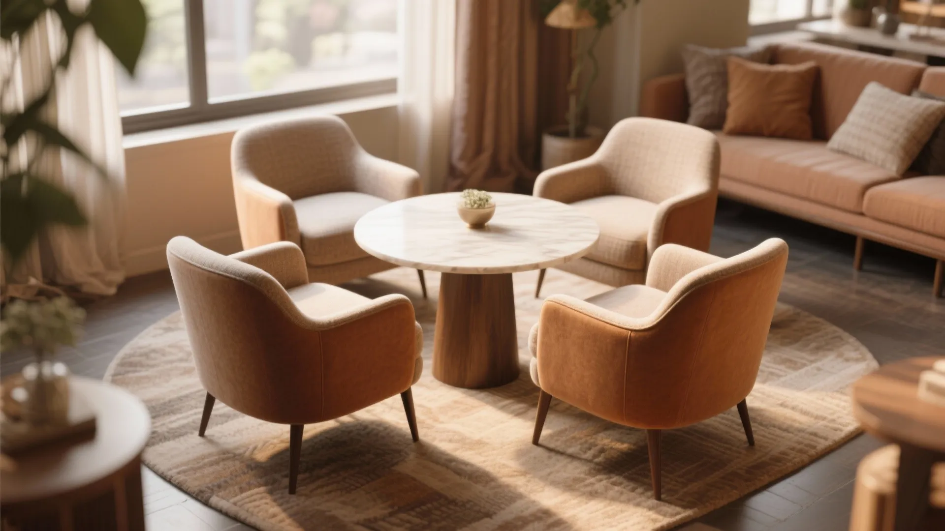 Four beige armchairs arranged around a round marble coffee table on a large textured rug