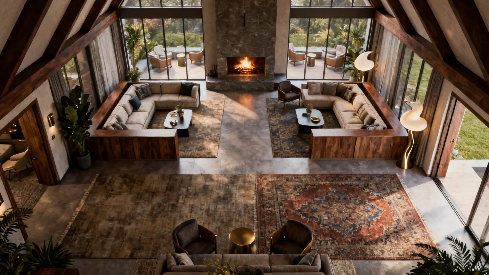 High-ceiling living room with multiple seating islands and a welcoming group near the entrance.