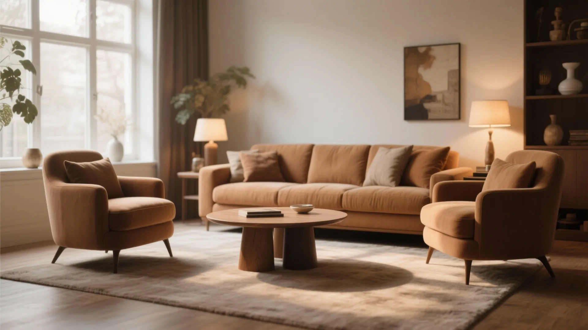 Warm living room featuring brown sofa, two chairs, wooden coffee table, rug, and table lamps