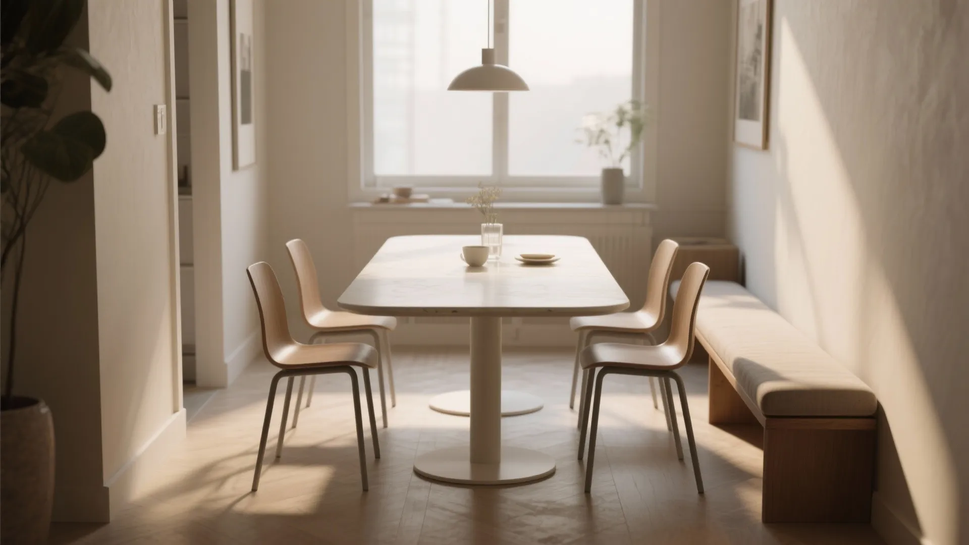 Modern dining room with a white table four wooden chairs a bench and ceiling light