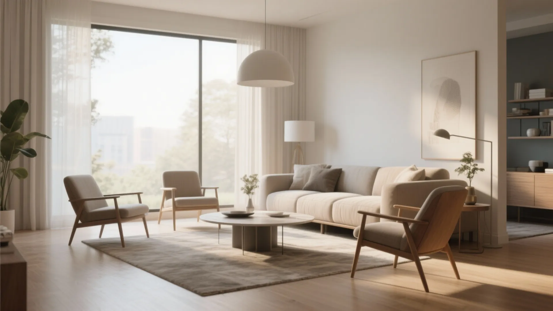 Modern living room layout with large sofa round coffee table two armchairs and ceiling light