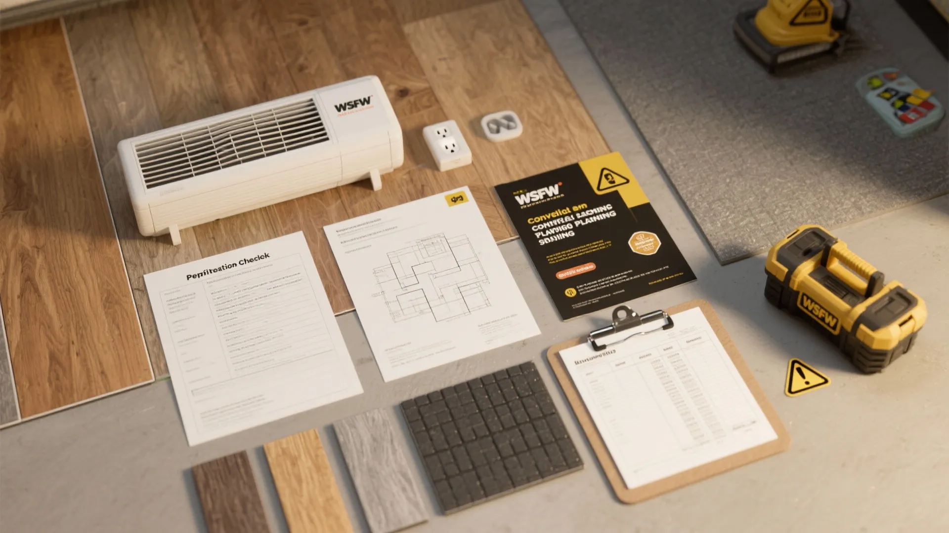 Interior design planning materials including floor plans wood samples a clipboard and a tool box
