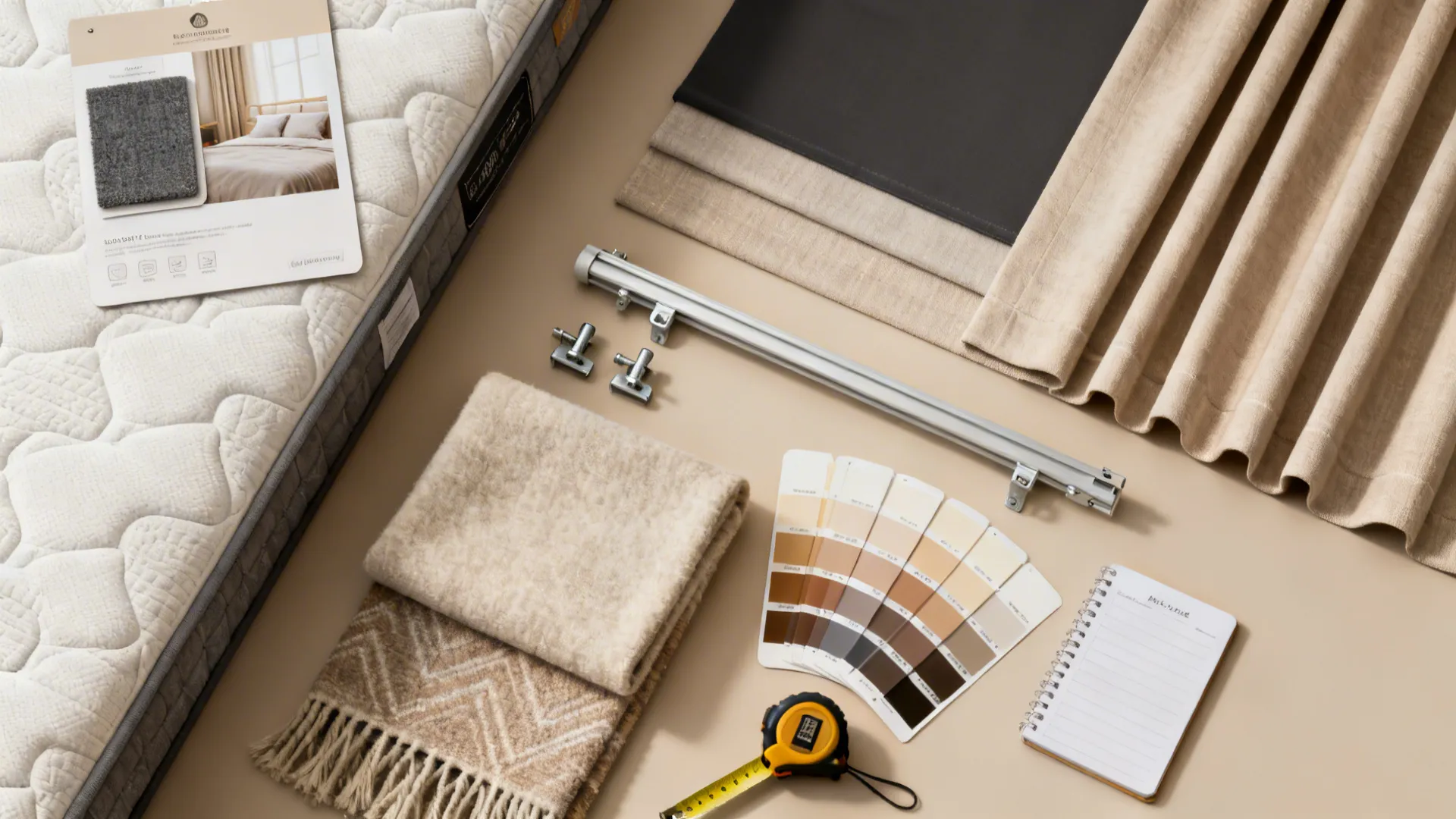 Interior design collection with fabric samples color swatches notebook measuring tape and a metal rod