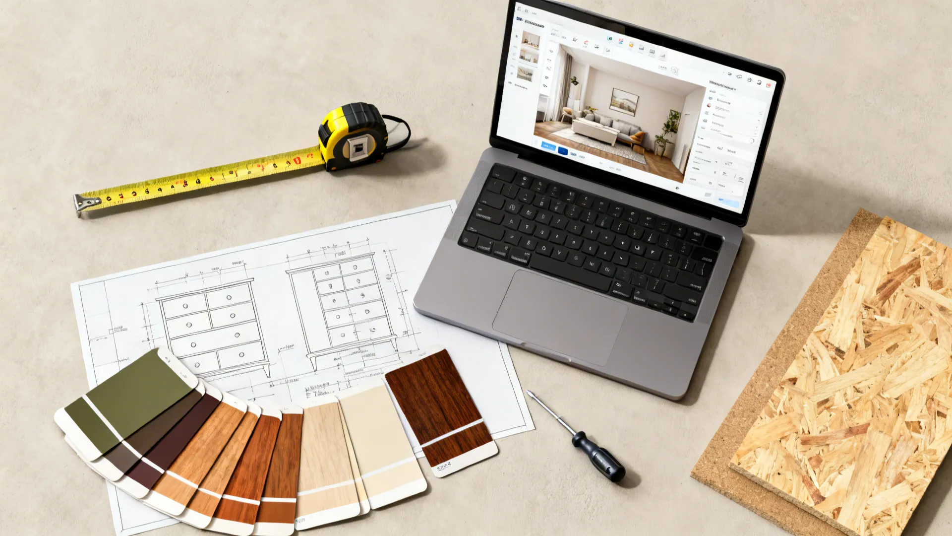 Laptop with interior design drawing tape measure wood color samples screwdriver and cabinet design sketch