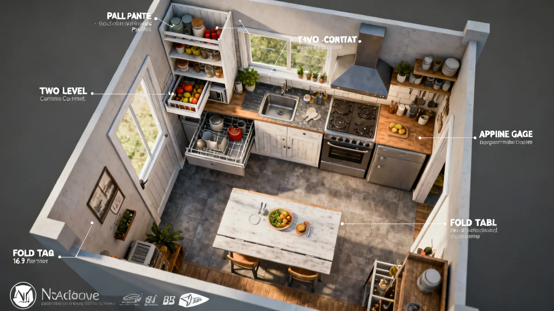 Overhead layout visualization of small kitchen showing optimized zones and storage solutions