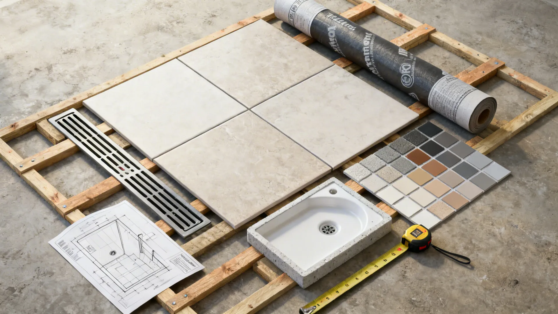 Flatlay of tiles, linear drain, waterproof membrane and measuring tools for shower conversion planning