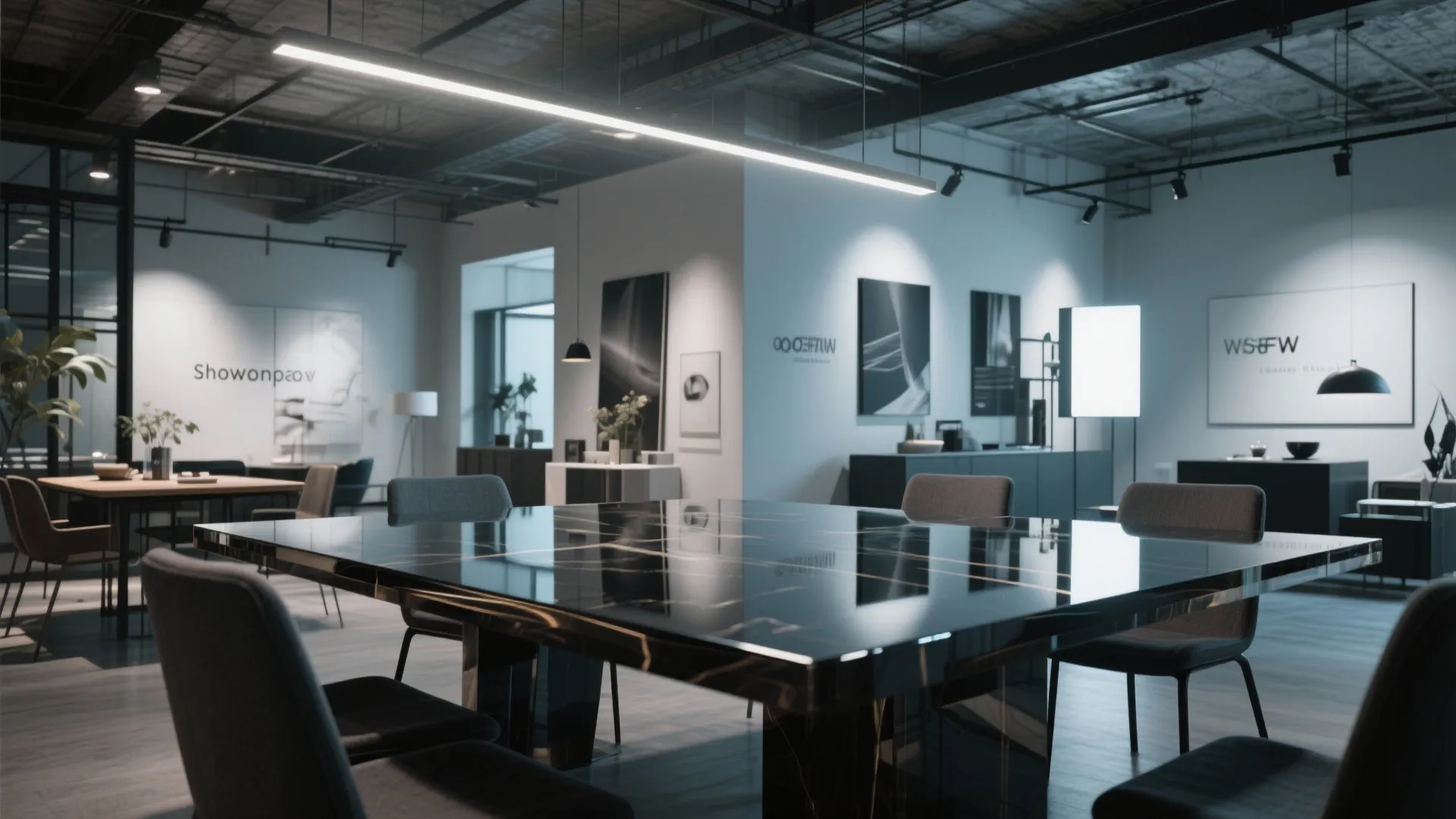 Industrial loft interior with black marble table, grey chairs, long ceiling light, and white walls