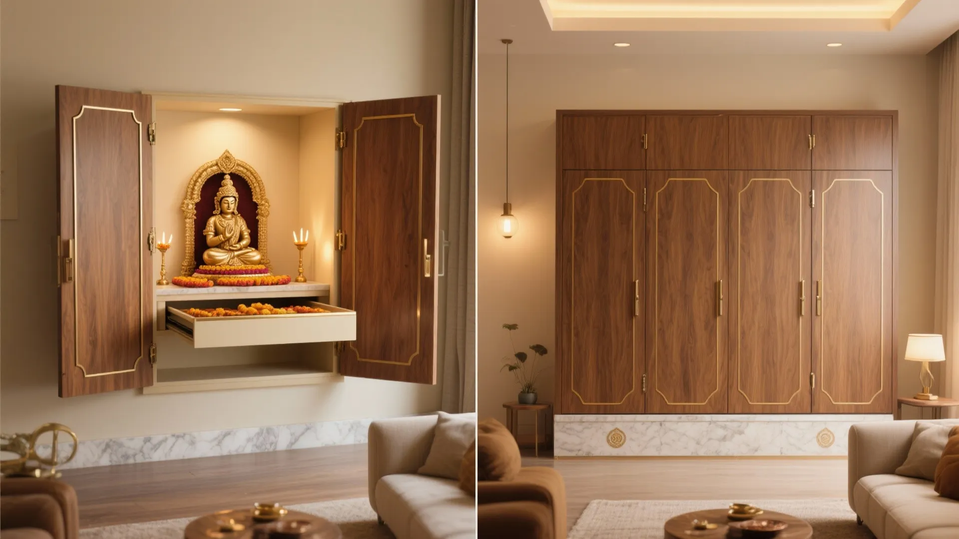 Convertible pooja cabinet with bi-fold or pocket doors