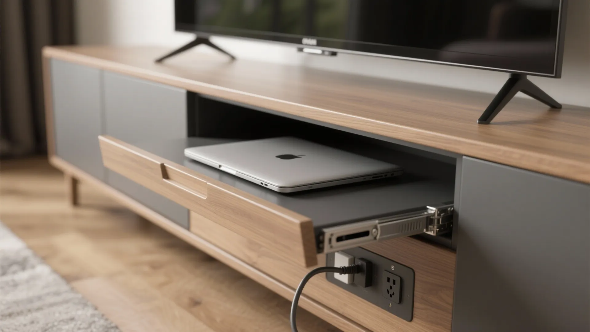 Wooden television cabinet featuring a pull out laptop tray and built in power outlet for charging