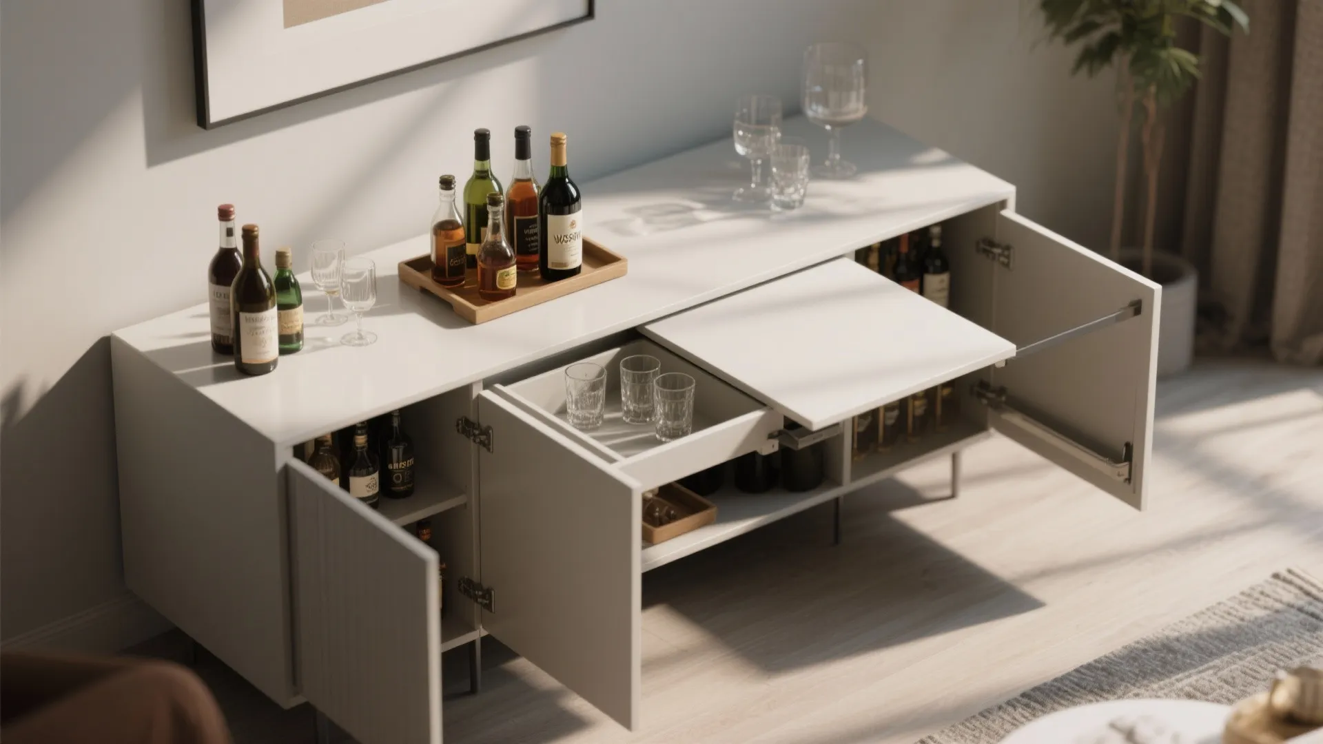 Modern white cabinet with open doors and drawers showing wine bottles and glasses in sunlight