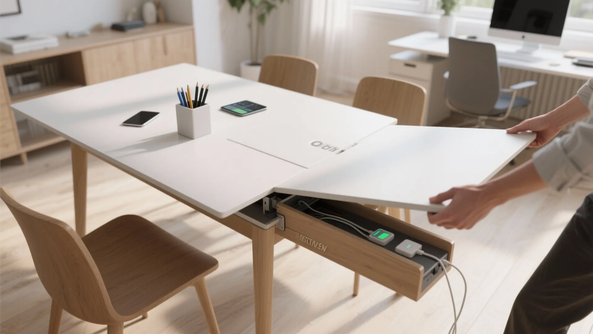 Person extending a white dining table to reveal a hidden drawer with power outlets inside