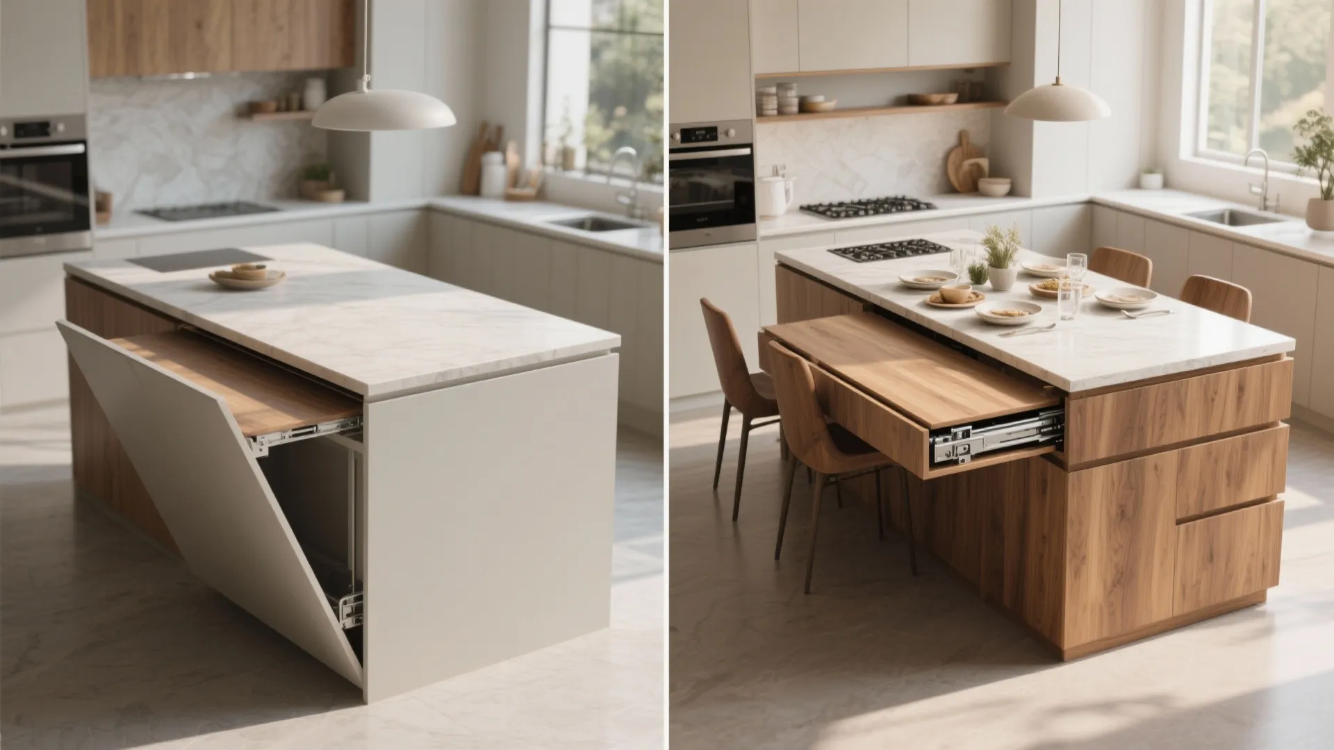 Modern kitchen island featuring pull-out wooden dining table with chairs in a bright room design
