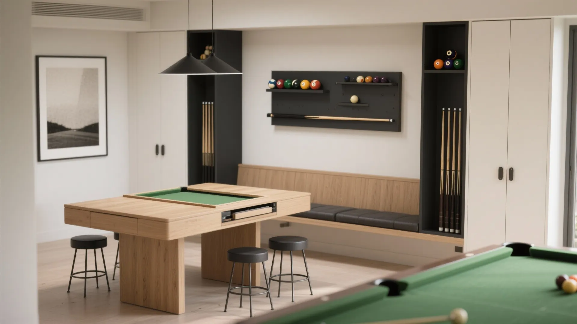 Modern game room with wooden pool table, black stools, wall storage for cues and balls