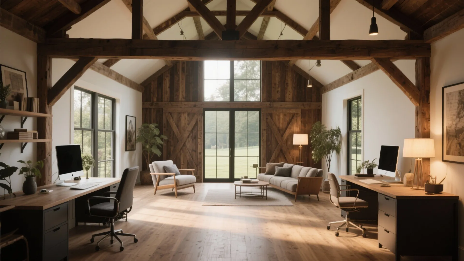 Modern barn office with wooden beams two workstations grey sofa round coffee table and floor lamp