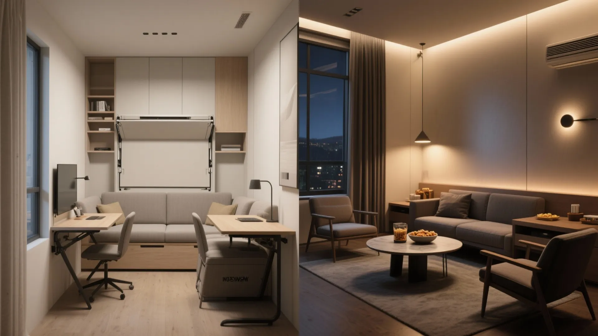 Side by side comparison of a home office with desk and a cozy living room