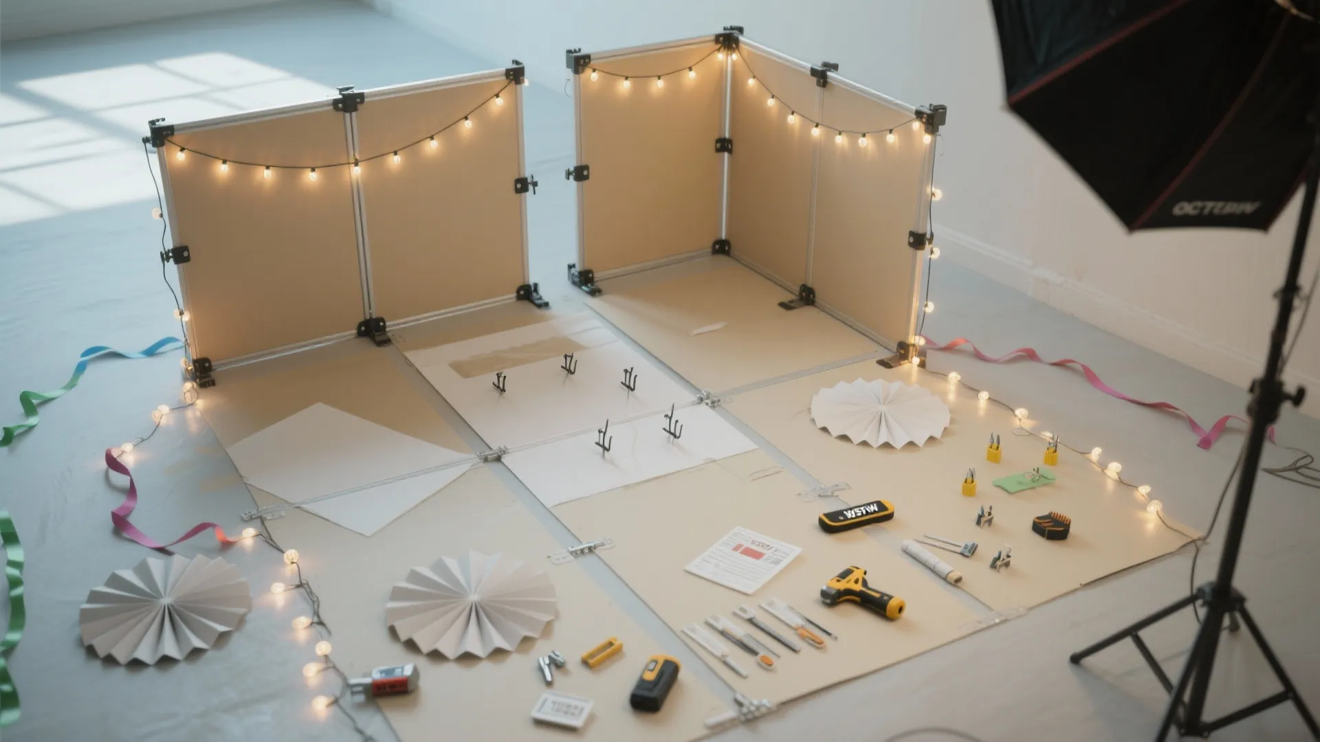 Photography studio setup with portable wall panels string lights tools and paper decorations on floor
