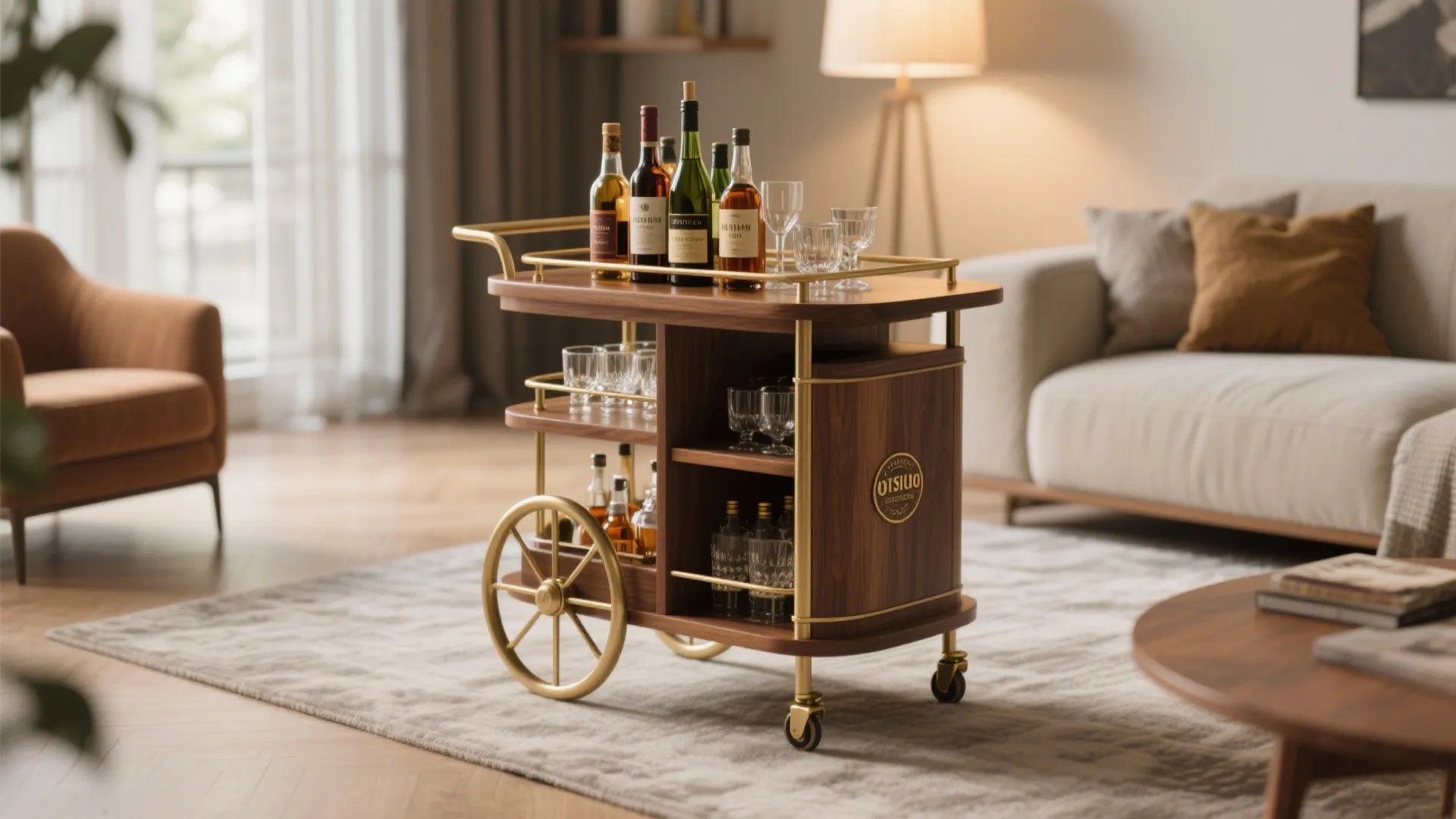 Wooden bar cart with wheels holding wine bottles and glasses in bright modern living room