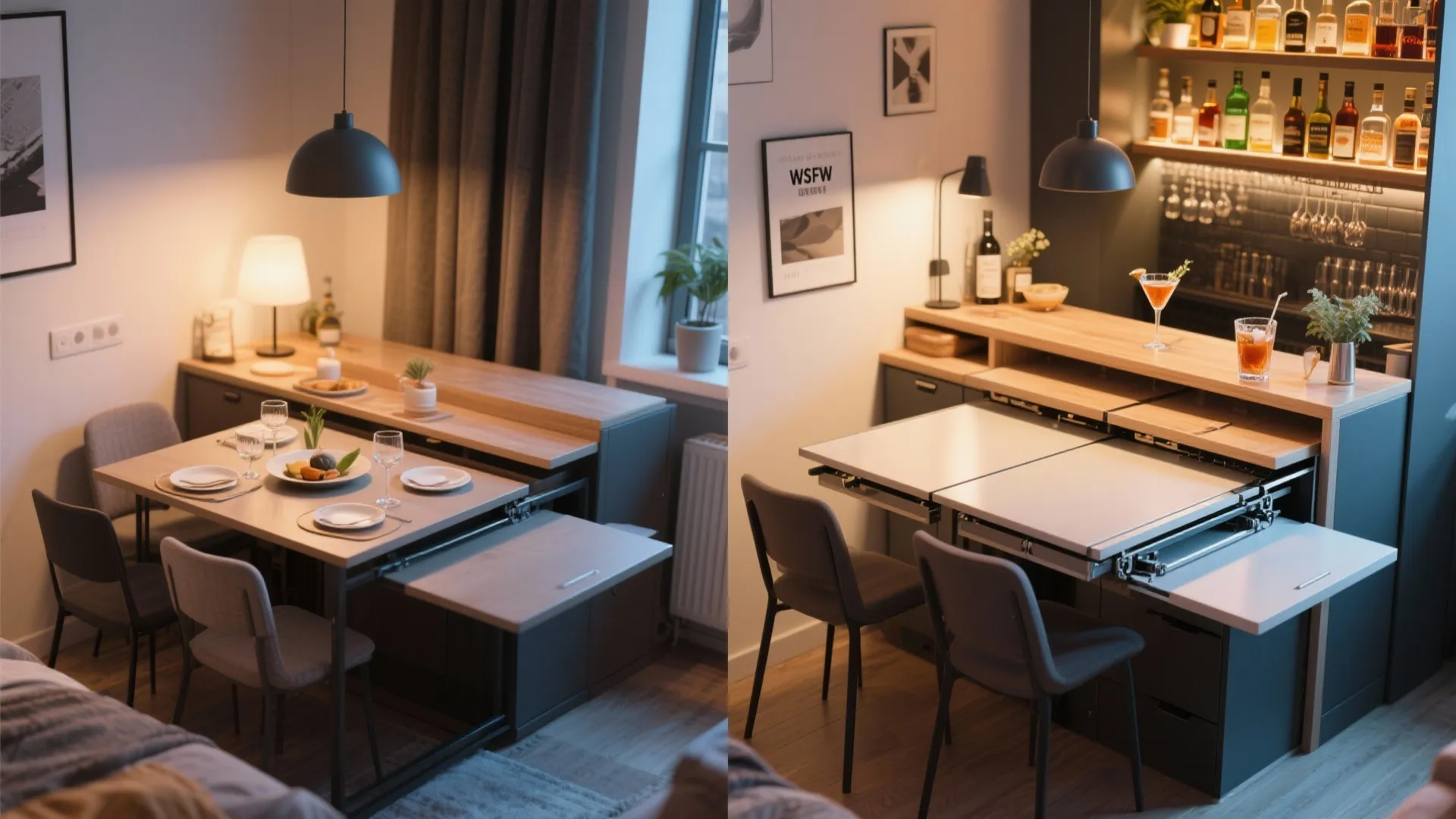 Before and after view of a folding dining table extending from a modern kitchen island cabinet