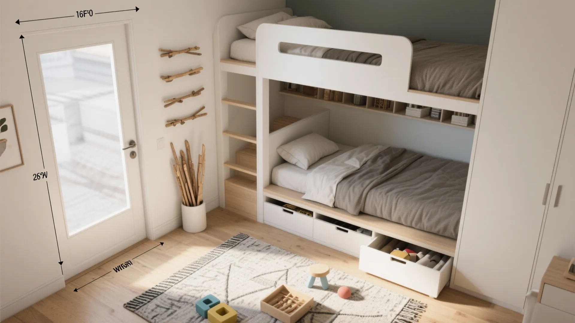 Modern white bunk bed with wooden ladder drawers and storage shelves in a bright kids room