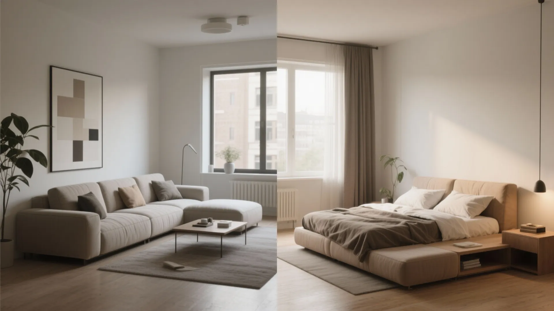 Comparison of a modern beige sofa in living room and a cozy bed in bedroom