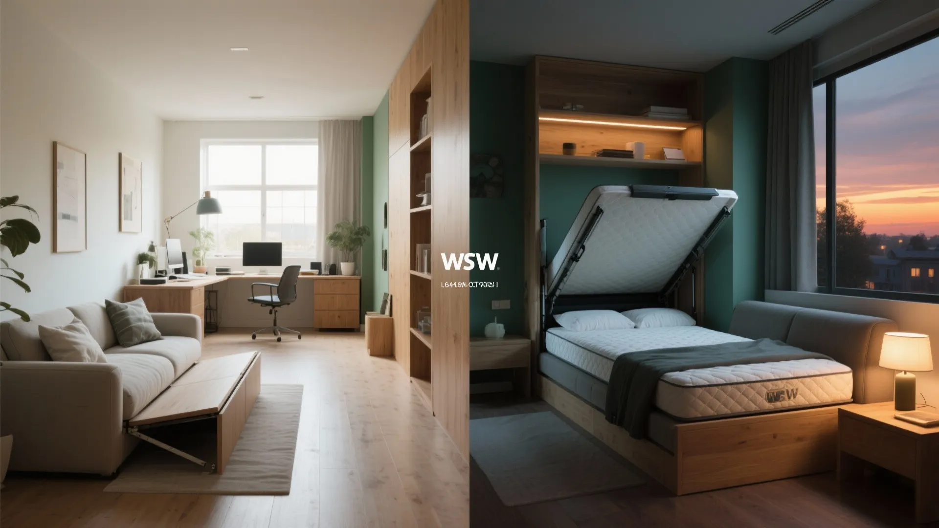 Side-by-side view of a small office in day mode with workspace and night mode with a pulled-down Murphy bed and mattress topper.