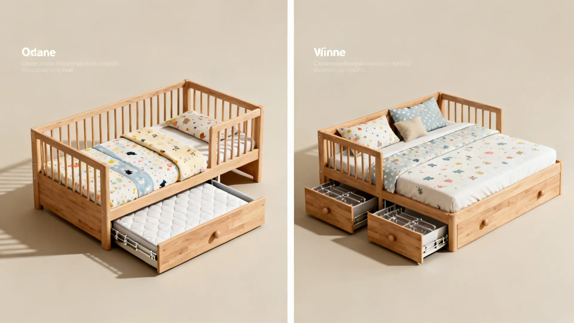 Convertible bed shown as toddler low bed and converted teenage single bed with extra drawers.