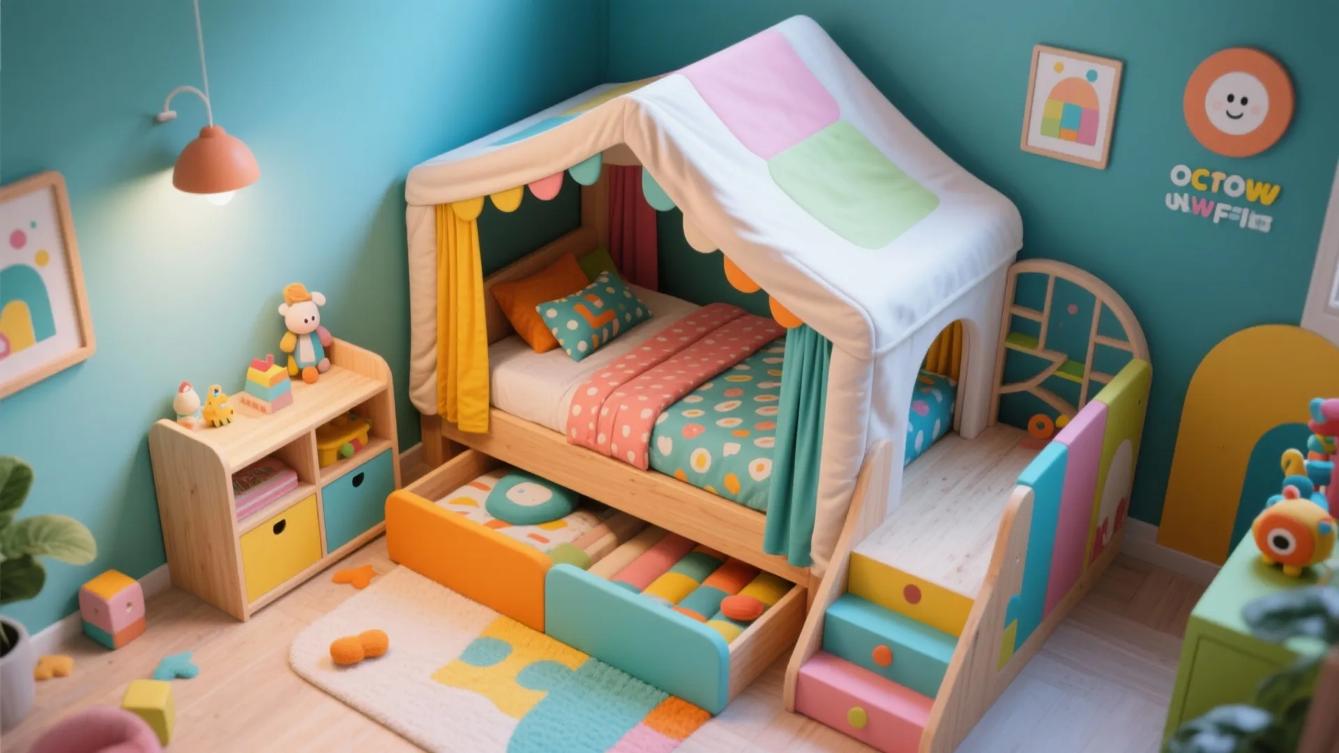 Kids bed with a white tent cover and colorful drawers inside a blue themed play room
