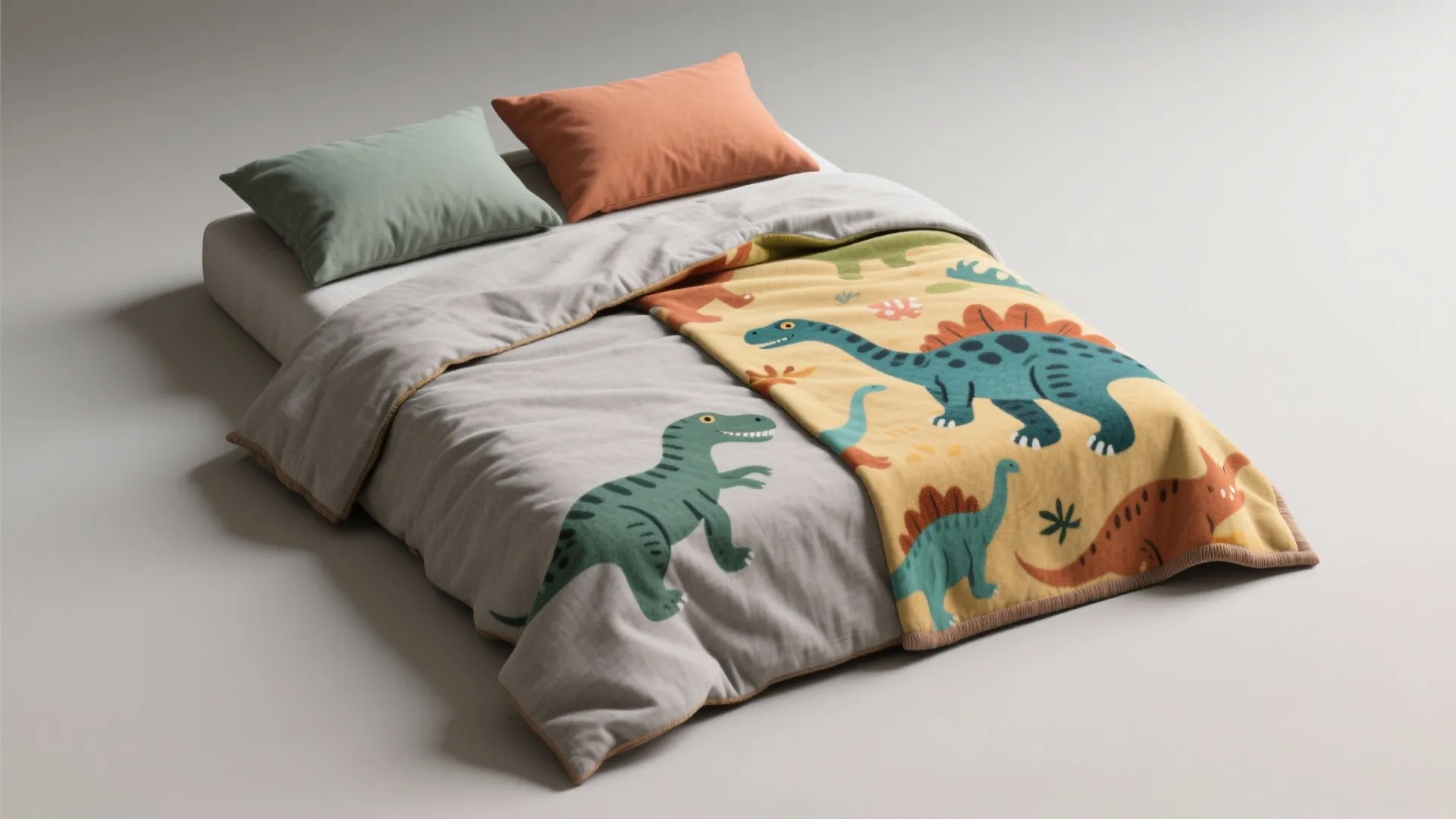 Kids bed with dinosaur pattern comforter green and orange pillows placed on a white background