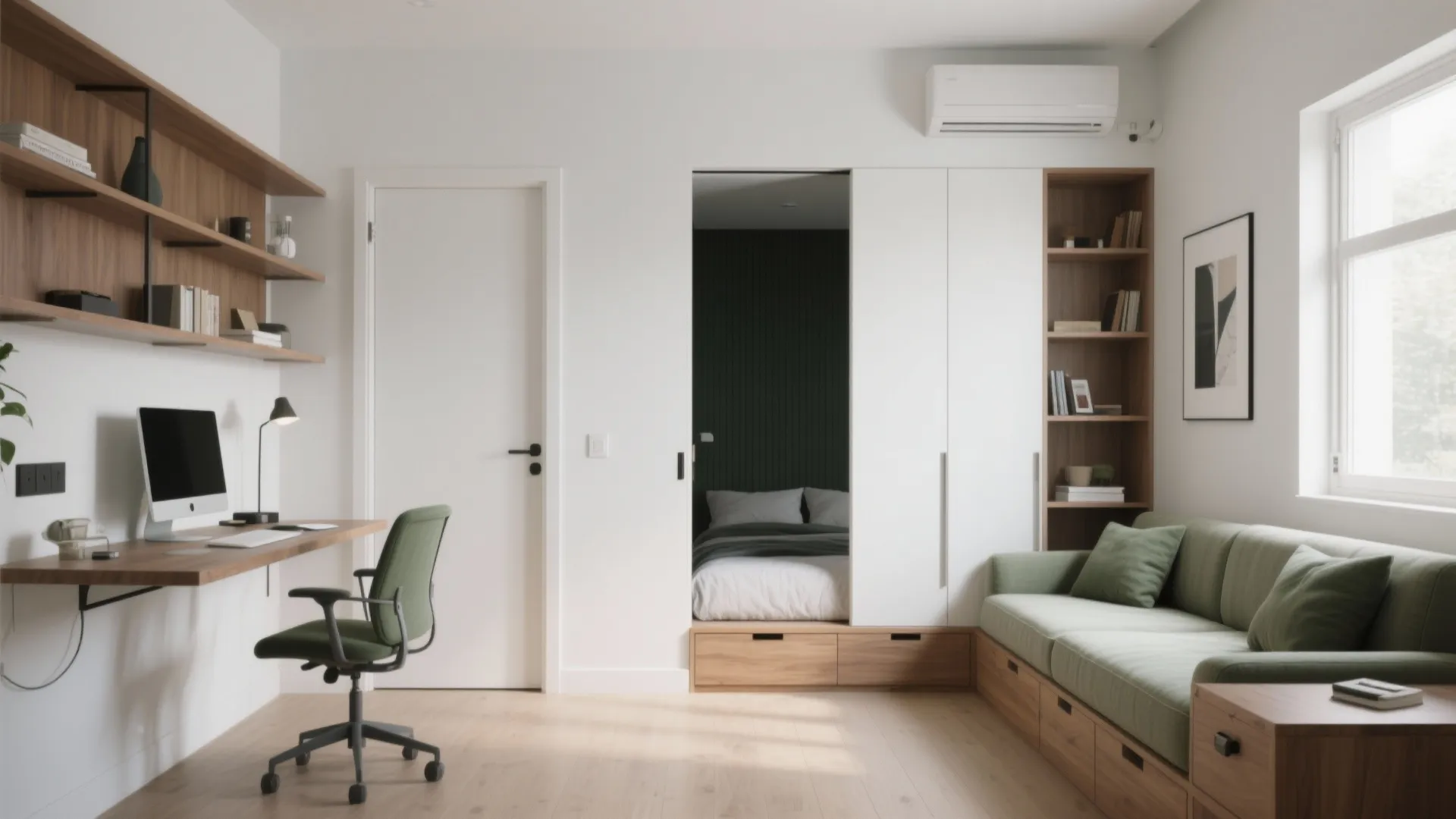 Modern home office with wood desk green chair sofa bed and white cabinets for smart living